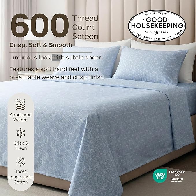 California Design Den California King Sheet Set - 100% Cotton, 600 Thread Count, Deep Pocket, Soft Sateen Premium Cal King Sheet Set - Urban Geometric Pattern