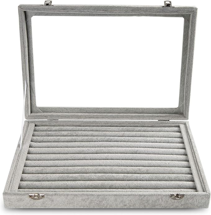 Frebeauty Rings/Earrings Organizer Tray with Clear Lid 10 Slots Velvet Drawer Insert Jewelry Storage box with Glass lid Jewelry Display Case Showcase Gift for Girls Women (Grey, 10 Slots) - Image 6