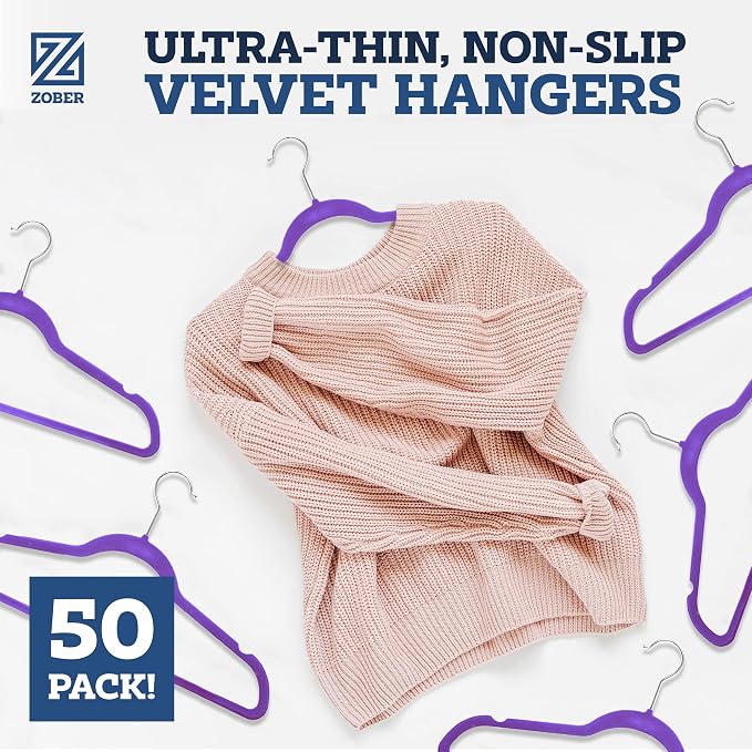 ZOBER Purple Velvet Hangers 50 Pack - Clothes Hangers, Coat Hanger for Pants & Dress Clothes - Non Slip w/ 360 Degree Swivel, Holds up to 10 lbs - Strong Felt Hanger for Clothing - Image 2
