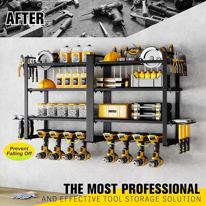 Hipidian Power Tool Organizer Wall Mount - Storage Rack with 4 Drill Holders for Drills Cordless Tools. Heavy Duty Iron Garage Tool Organizer Storage for Workshop Shed (4 Slots 4 Layers 2 Pcs) - Image 5