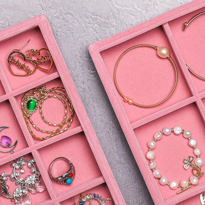 Frebeauty Stackable Velvet Jewelry Organizer Trays for Drawers Inserts Jewelry Storage Tray Display Case, Stud Earrings Bracelets Necklace Rings Accessories Trays for Women(Set of 2)(Pink) - Image 6
