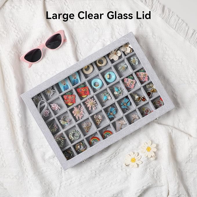 Frebeauty 40 Grid Jewelry Tray,Adjustable Earring Holder Organizer with Glass Lid,Velvet Drawer Jewelry Organizer for Rings,Studs,13.8 x 9.5 x 2 Inches Jewelry Display Box,Gift for Women(Grey) - Image 7