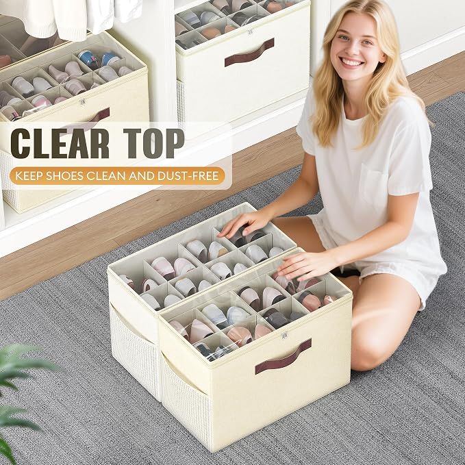 Budding Joy 2 Pack Shoe Organizer for Closet, Clear Foldable Shoe Storage Containers Adjustable Dividers Fits 16 Pairs,Shoe Storage Bins Baskets Boxes with Reinforced Handles Beige Yellow Beige - Image 6