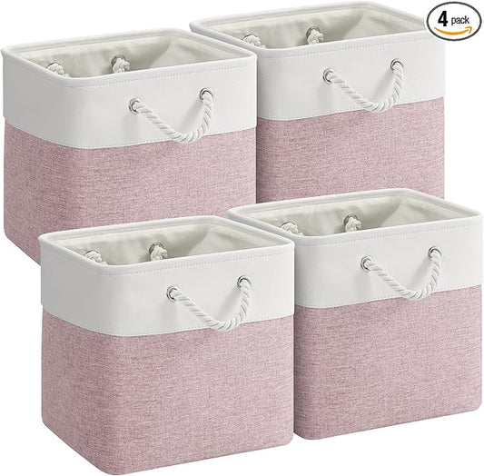 12 x 12 Inch Cube Storage Bins, 4 Pack Fabric Storage Basket with Handles, Foldable Boxes Organizer for Shelf Baskets for Home, Clothes (White/Pink) by VQRTEXAStorageBasket