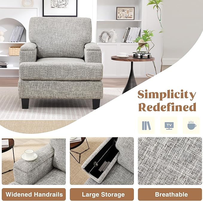 Oversized Accent Chair with Armrest Storage, Modern Upholstered Reading Living Room Chairs, Comfy Large Armchair, Fabric Single Sofa Chair for Bedroom (Light Grey)