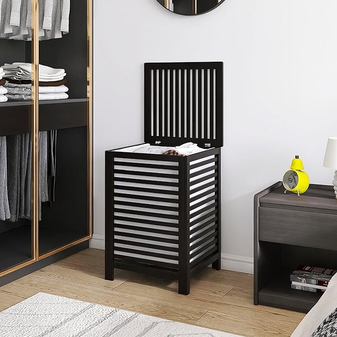 SMIBUY Double Laundry Hamper with Lid, 120L Bamboo Laundry Basket with Removable Liner Bag, 2-Section Clothes Divider Laundry Sorter for Laundry Room, Bathroom, Bedroom (Black) - Image 6
