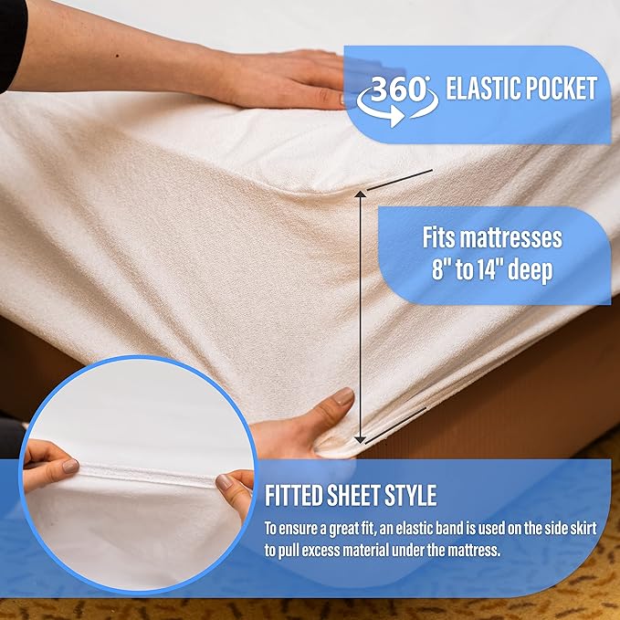 Waterproof Mattress Protector Twin Size with 1 Pillow Cover - Breathable, Hypoallergenic, Cotton Terry Mattress Protector for Safe, Noiseless, Non-Sweaty 8" to 14" Deep Mattress