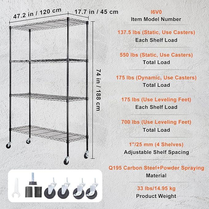 VEVOR Storage Shelving Unit, 4-Tier Adjustable Storage Shelves, 48" L x 18" W x 74" H Garage Storage Shelves, Metal Shelves with Wheels for Kitchen Pantry Basement Bathroom Laundry - Image 3