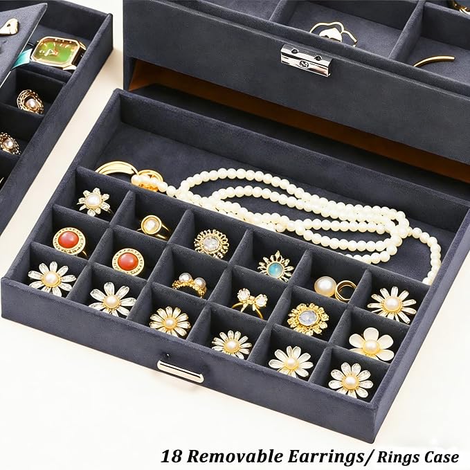 QBestry 3-Layer Jewelry Box for Women with Lock and Key & Drawer, Large Jewelry Organizer with 8 Necklace Hooks & 56 Earring Holes, Grey Velvet Jewelry Storage Box for Necklaces Earrings Ring Bracelet - Image 8