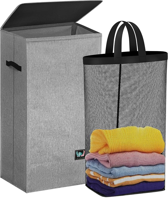 WTREE Laundry Hamper with Lid, Reinforced Sturdy Clothes Hamper with Anti-Puncture Base, Large Collapsible Laundry Basket with Removable Liner Bag, Tall Dirty Clothes Bin for Family, 100L Grey by WTREE