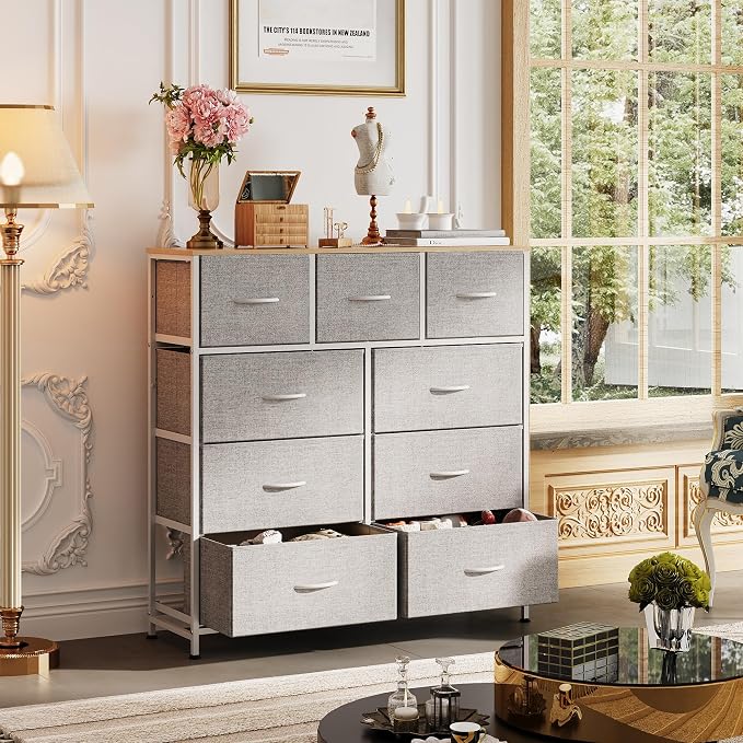 WLIVE 9-Drawer Dresser, Fabric Storage Tower for Bedroom, Hallway, Entryway, Closet, Tall Chest Organizer Unit with Fabric Bins, Steel Frame, Wood Top, Easy Pull Handle, Light Grey - Image 4