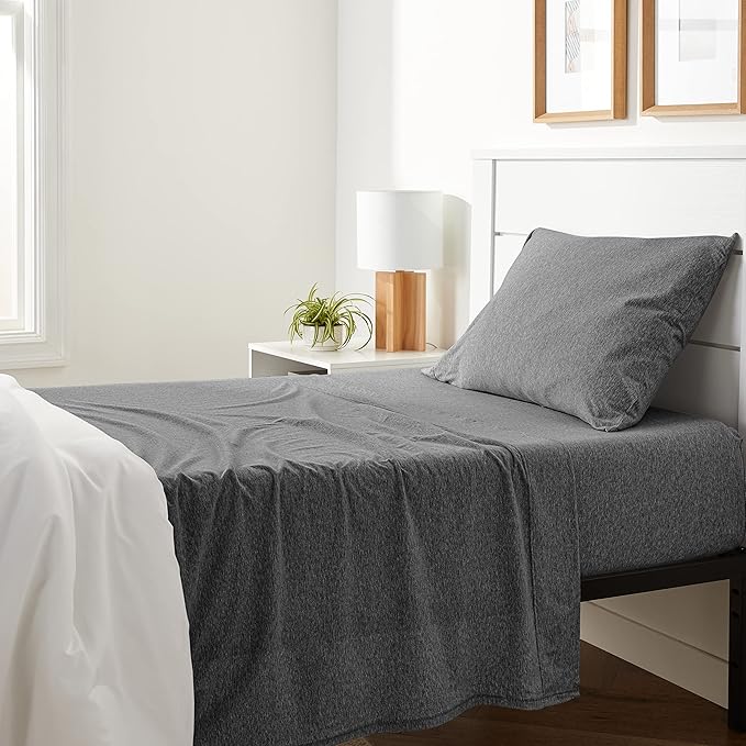 Amazon Basics Breathable, Stretchy 3 Piece Bed Sheet Set, 100% Cotton Jersey Knit, Includes Flat and Fitted Sheets, Pillowcase, Machine Washable, Twin, Dark Gray, Solid