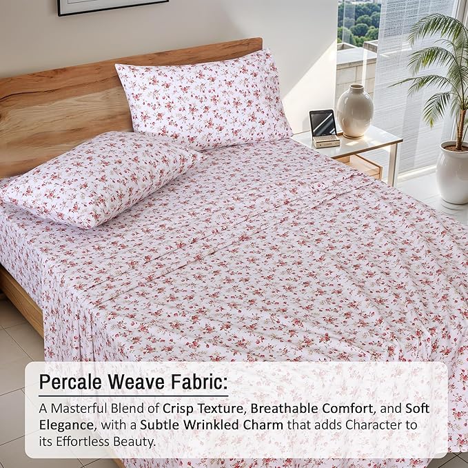 RUVANTI 100% Cotton Sheets – Full Size Percale Bedding, Cooling & Breathable Floral Design, Durable with a Crisp, Soft & Comfortable Feel, 16" Deep Pocket, 4-Piece Set, Bouquet