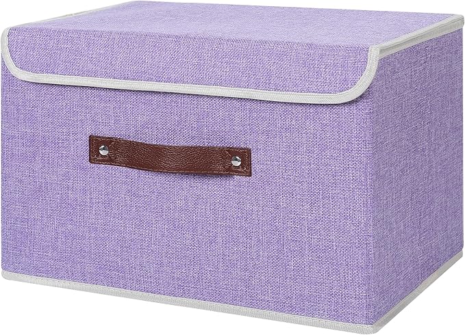 ANMINY Storage Bin with Lid Storage Boxes with PU Leather Handles PP Plastic Board Decorative Foldable Lidded Cotton Linen Fabric Home Cubes Baskets Closet Organizer Container - Purple, Large Size by ANMINY