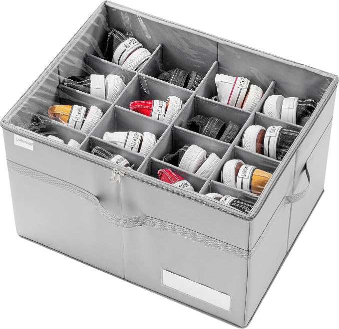 LUVHOMEE Shoe Organizer for Closet, Fits 16 Pairs, Large Shoe Box Storage Containers, Clear Foldable Shoe Storage Bins w/Bottom Support, Space Saving Shoes Holder w/Reinforced Handles, Gray by Luvhomee