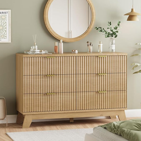 Fluted Dresser for Bedroom with 6 Drawers, 48" Wide Modern Chest of Drawers with Metal Handle, Wooden Dresser TV Stand, Wood Closet Clothes Storage Organizer for Living Room, Hallway, Natural Oak