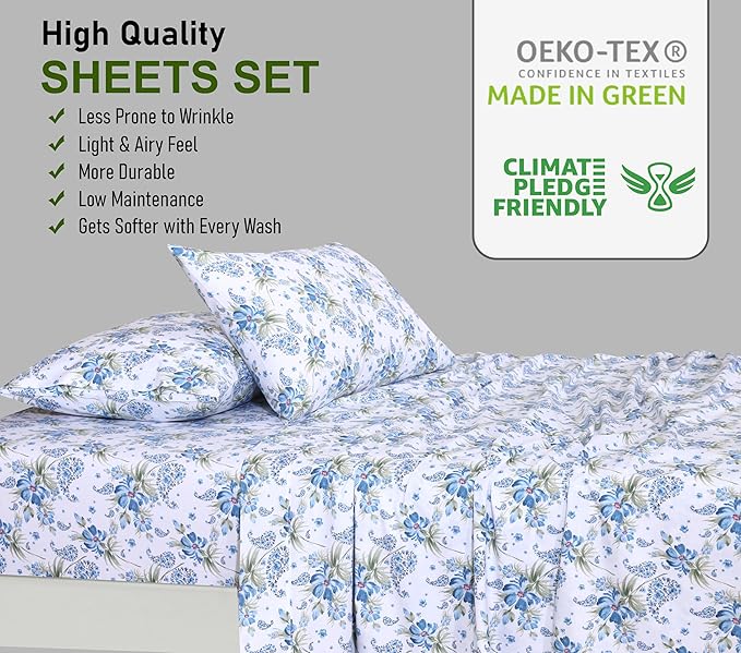 RUVANTI 100% Cotton Sheets – Full Size Percale Bedding, Cooling & Breathable Floral Design, Durable with a Crisp, Soft & Comfortable Feel, 16" Deep Pocket, 4-Piece Set, Paislyona