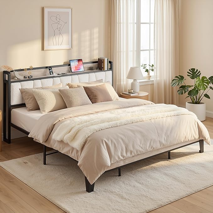 LIKIMIO King Size Bed Frames, Bouclé Storage Headboard with Charging Station, Solid and Stable, Noise Free, No Box Spring Needed, Easy Assembly