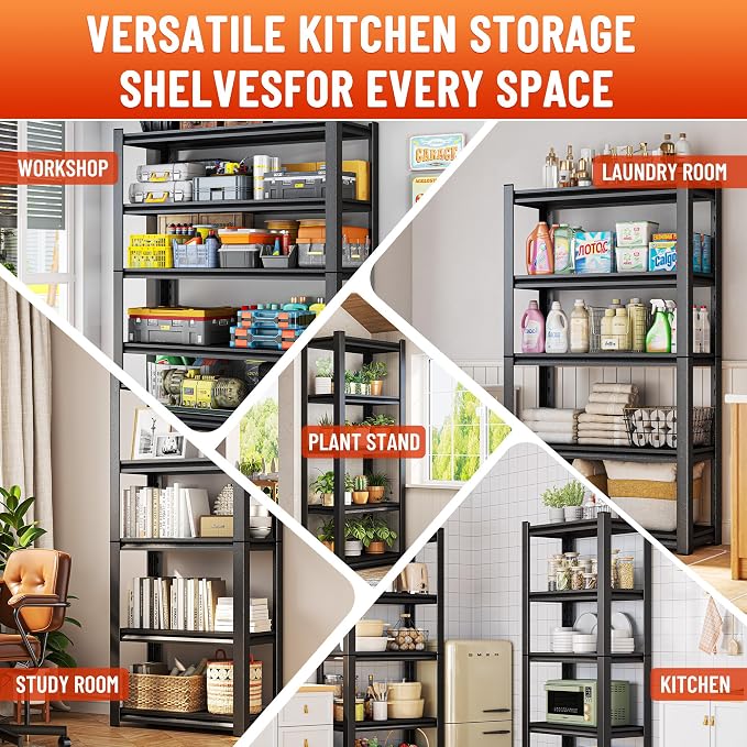 82''H Metal Garage Shelving Unit, Heavy Duty Garage Storage Shelves, Adjustable Shelf for Warehouse, Kitchen, Basement, Double-Layer Columns Black 82×40×16in-6Tier - Image 5