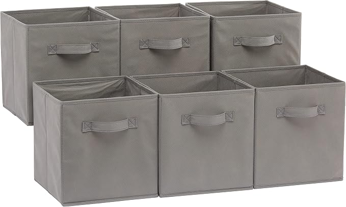 Amazon Basics Collapsible Fabric Storage Cubes Organizer with Handles, Sturdy, Foldable, Space-Saving, 10.5"x10.5"x11", Gray, 6-Pack by AmazonBasics