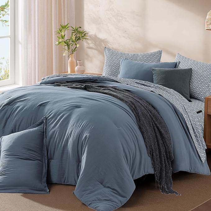 Monbix Queen Comforter Set - 7 Pieces Oxford Blue Prewashed Bed in a Bag Queen Bedding Sets with Comforters, All Seasons Ultra Soft Comforter Bed Set with Sheets,Pillowcases & Shams