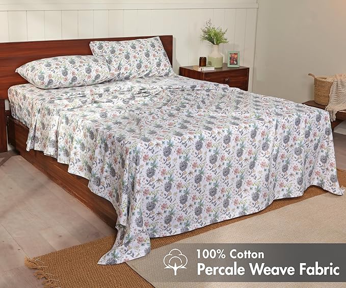 RUVANTI 100% Cotton Sheets – Full Size Percale Bedding, Cooling & Breathable Floral Design, Durable with a Crisp, Soft & Comfortable Feel, 16" Deep Pocket, 4-Piece Set, Dandelion Field