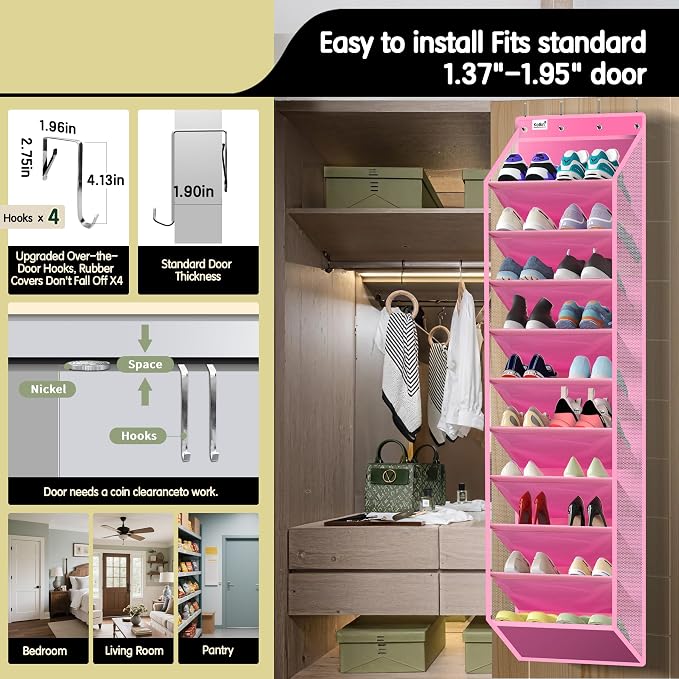 Kotkn 10 Tier Over The Door Organizer - Heavy Duty Hanging Storage Rack with Sturdy Oxford Fabric, Holds 20+ Pairs of Footwear, Boots & Sneakers, Saves 50% Closet Space! (Pink) - Image 4