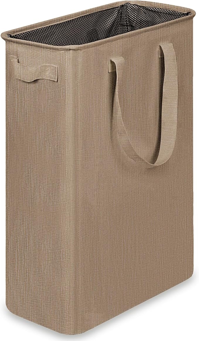 efluky Slim Laundry Basket, Narrow Laundry Hamper with Handles, Collapsible Dirty Clothes Hamper, Tall Laundry Bin for Laundry Room, Dorm and Bedroom, 12.7 Gallons(48L) Flax Brown by efluky