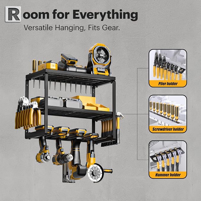 Spampur Power Tool Organizer Wall Mount, 3 Layers Storage Rack with 4 Drill Holders, Garage Storage Rack for Handheld, Metal Tool Shelf Utility Rack for Cordless Power Tools, Suitable for Giving men - Image 3