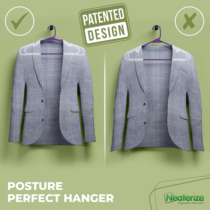 NEATERIZE Clothes Hangers Plastic 50 Pack For Adults - Plastic Hangers, The Perfect Coat Hanger and Space Saving Clothes Hangers for Closet, Percheros Ganchos para Colgar Ropa Hangars - Purple Hangers - Image 3