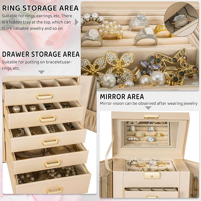AKOZLIN 6-Tier Jewelry Box Lockable Leather Jewelry Storage Case with 5 Drawers for Women Girls Ring Necklace Earring Bracelet Holder Organizer with Mirror - Image 3