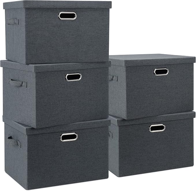 Graciadeco Large 17" 36 Quart Collapsible Stackable Storage Bins with Lids, 5 Packs Dark Gray Foldable Fabric Closet Storage Boxes with Lids Heavy-duty Linen Cube Baskets(17 x 12 x 11) by GraciadecoStorage