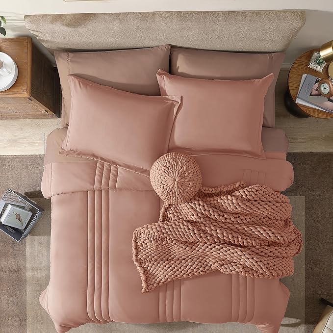 Monbix King Size Comforter Set - 7 Pieces Bed in a Bag King, Clay Pink Bedding Sets with Comforter, All Seasons Comforter Bed Set with Sheets, Pillowcases & Shams