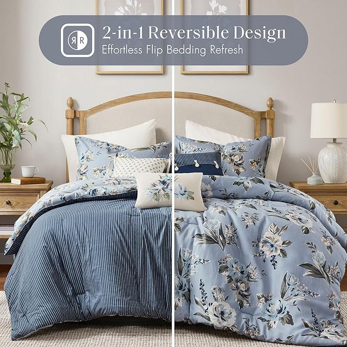 Madison Park Queen Comforter Set Vintage Floral Reversible Comforters Queen Size Bed, All Season, Down Alternative Bedding Queen Size Comforter, Bedskirt, Pillows, Shams, Salara, Queen Blue 7 Piece