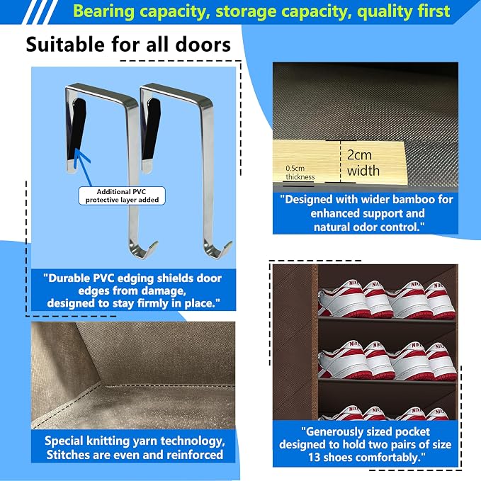 Over the Door Shoe Organizer, 20 to 30 Pairs Hanging Shoe Holder, Heavy Duty Extra Deep Pockets Shoe Storage for Closet, Anti-Scratch Hooks & FSC-Certified Bamboo - Coffee - Image 2