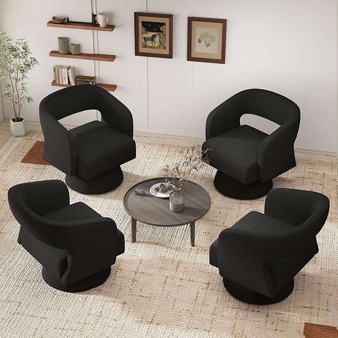 Nebuaegis Swivel Accent Chair Set of 4, Modern Comfy Teddy Barrel Chairs, Oversized Upholstered Round Arm Chair for Living Room, Bedroom, Reading Room, Black