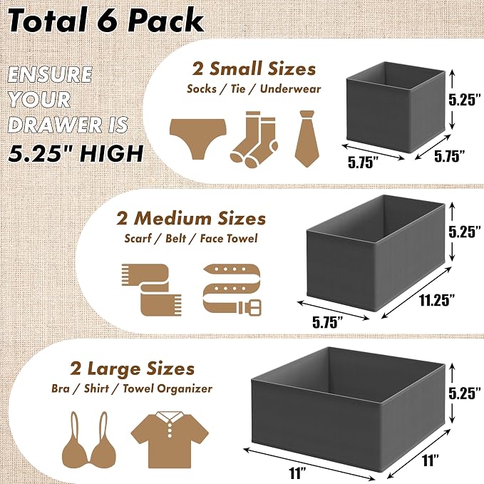 Simple Houseware Underwear Drawer Organizer for Lingerie/Undergarment/Bra/Panty/Sock/Onesie, Set of 6, Dark Gray - Image 2