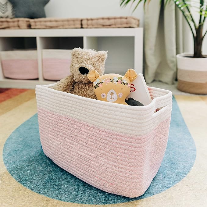 OrganiHaus Rope Baskets for Shelves - Set of 3 Woven Storage Baskets for Organizing, Closet & Toy Storage - Pink/Off-White - 15x9x10 - Image 6