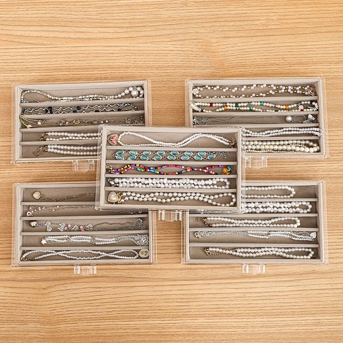 5 Drawerss Necklace Organizer Box, Tray with Clear Lid, Dustproof Velvet Necklaces Holder Storage Display Case, Gery Necklace Tray Drawer Insert for Pendant Suitable for Women and Girls (25 grids) - Image 7