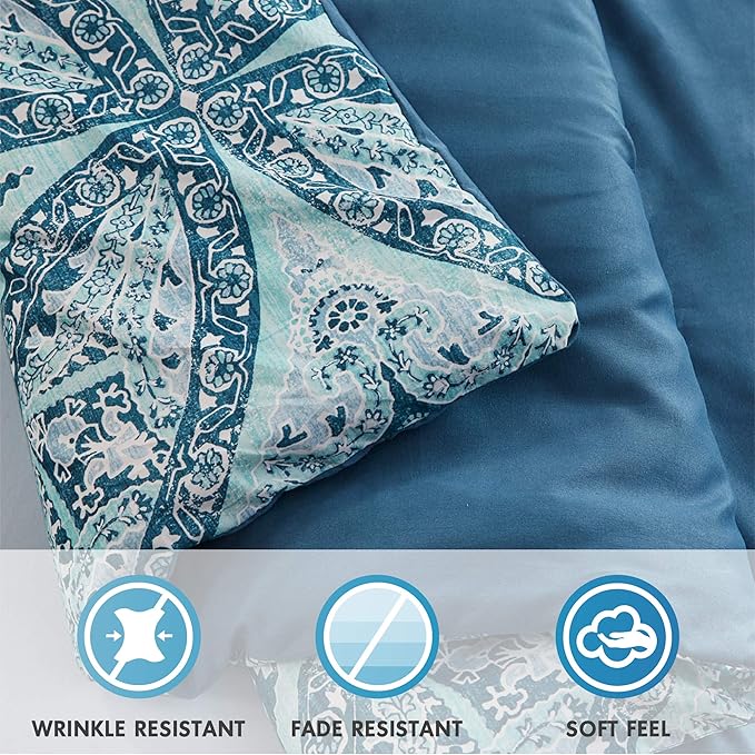Comfort Spaces Bed in A Bag - Trendy Casual Design Cozy Comforter with Complete Sheet Set with Side Pocket, All Season Cover, Matching Shams, Queen(90"x90"), Gloria, Damask Blue 9 Piece