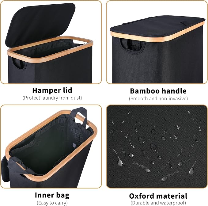 iEGrow 60L Slim Laundry Hamper, Narrow Laundry Basket with Lid,Foldable Clothes Hamper with Bamboo Handles,Hamper Basket with Removable Inner Bag for Laundry Room Bedroom College Dorm,Black - Image 2