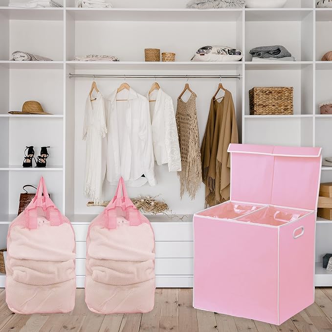 Simple Houseware Double Laundry Hamper with Lid and Removable Bags, Pink - Image 3