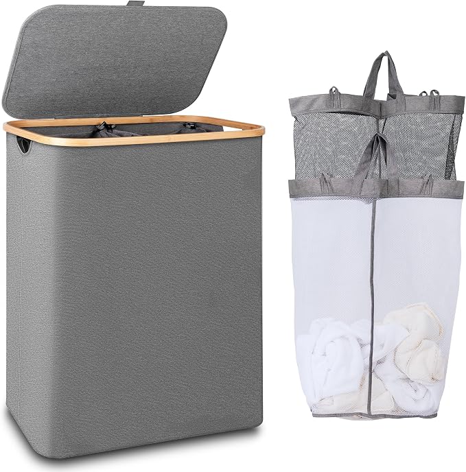 iEGrow 150L Laundry Hamper with Lid-Large Laundry Basket with Bamboo Handles, Grey Hampers for Laundry, Dirty Clothes Hamper with 2 Removable Inner Bags for Clothes Toys Towels by iEGrow