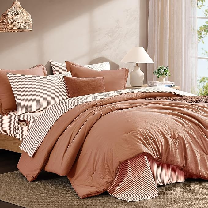 Monbix King Size Comforter Set - 7 Pieces Autumn Leaf Prewashed Bed in a Bag King Bedding Sets with Comforters, All Seasons Ultra Soft Comforter Bed Set with Sheets,Pillowcases & Shams