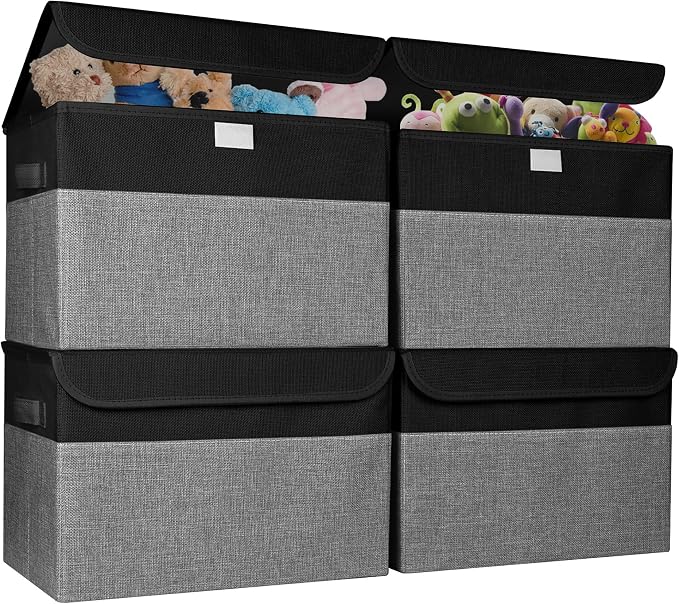 Bagnizer Large 22 Quart Linen Fabric Foldable Storage Bin Cube Organizer Basket with Flip-Top Lid & Handles, Clothes Blanket Box for Home, Office, Closet, Black & Gray, 4 Pack 14.6 x 9.5 x 9.5 by Bagnizer