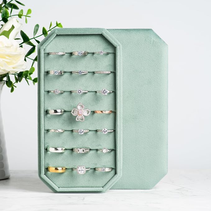 Velvet Ring Organizer Display Tray Jewelry Box Earring Holder Case for Wedding Birthday Christmas Day (Emerald Green) - Image 5