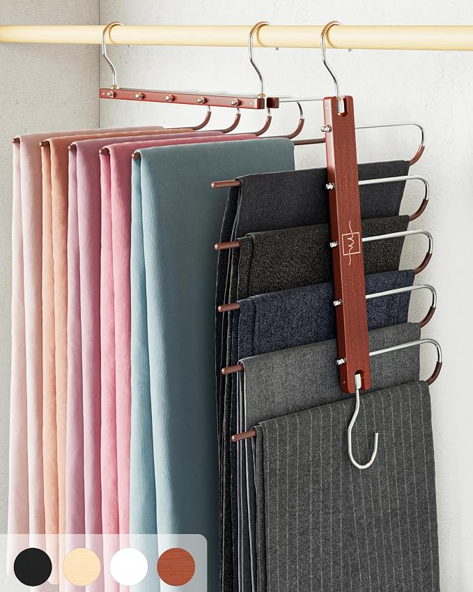 MORALVE Pants Hangers Space Saving - 2 Pack European Beechwood Scarf and Jean Hangers - Closet Organizer and Space Saver Pant Rack, Leggings Hanger, and Scarf Holder with 360° Swivel Hook by MORALVE