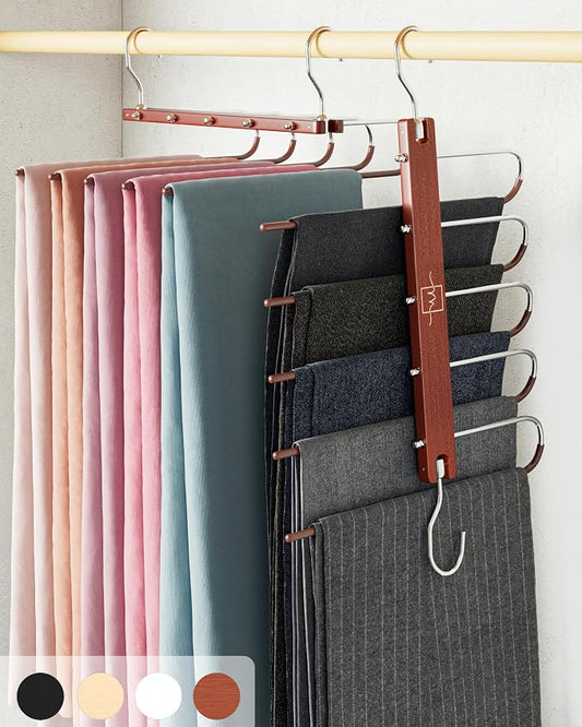 MORALVE Pants Hangers Space Saving - 2 Pack European Beechwood Scarf and Jean Hangers - Closet Organizer and Space Saver Pant Rack, Leggings Hanger, and Scarf Holder with 360° Swivel Hook by MORALVE