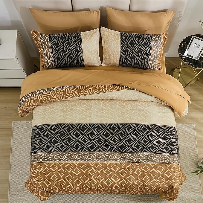 Dinjoy Boho Queen Comforter Set Brown,7 Piece Bed in a Bag Queen Size Warm Fall Bedding Sets Striped Comforters Bed Set with Sheets for Family All Season