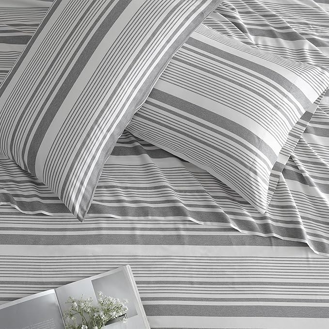 ClevaHome Classic Stripe Sheet Set - 4 Pieces Super Soft & Breathable Bed Sheet Set with Deep Pocket, Enhanced Comfort & Easy Care (Full, Stone Stripe)